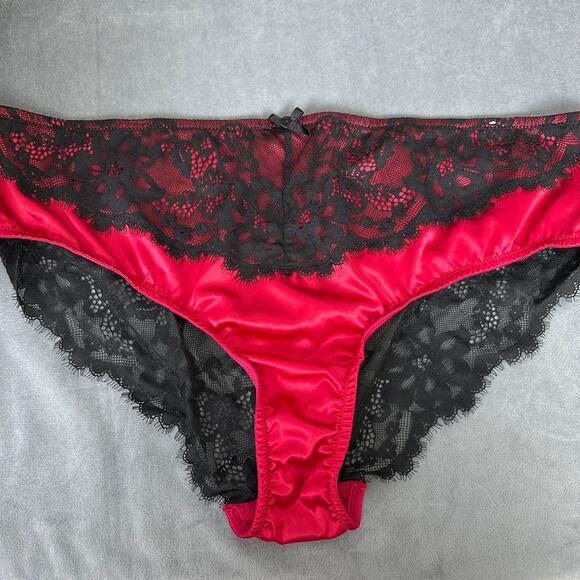 Cacique Cheeky Panty Panties Plus Size 14/16 Red Satin Black Lace Criss Cross - Picture 3 of 12